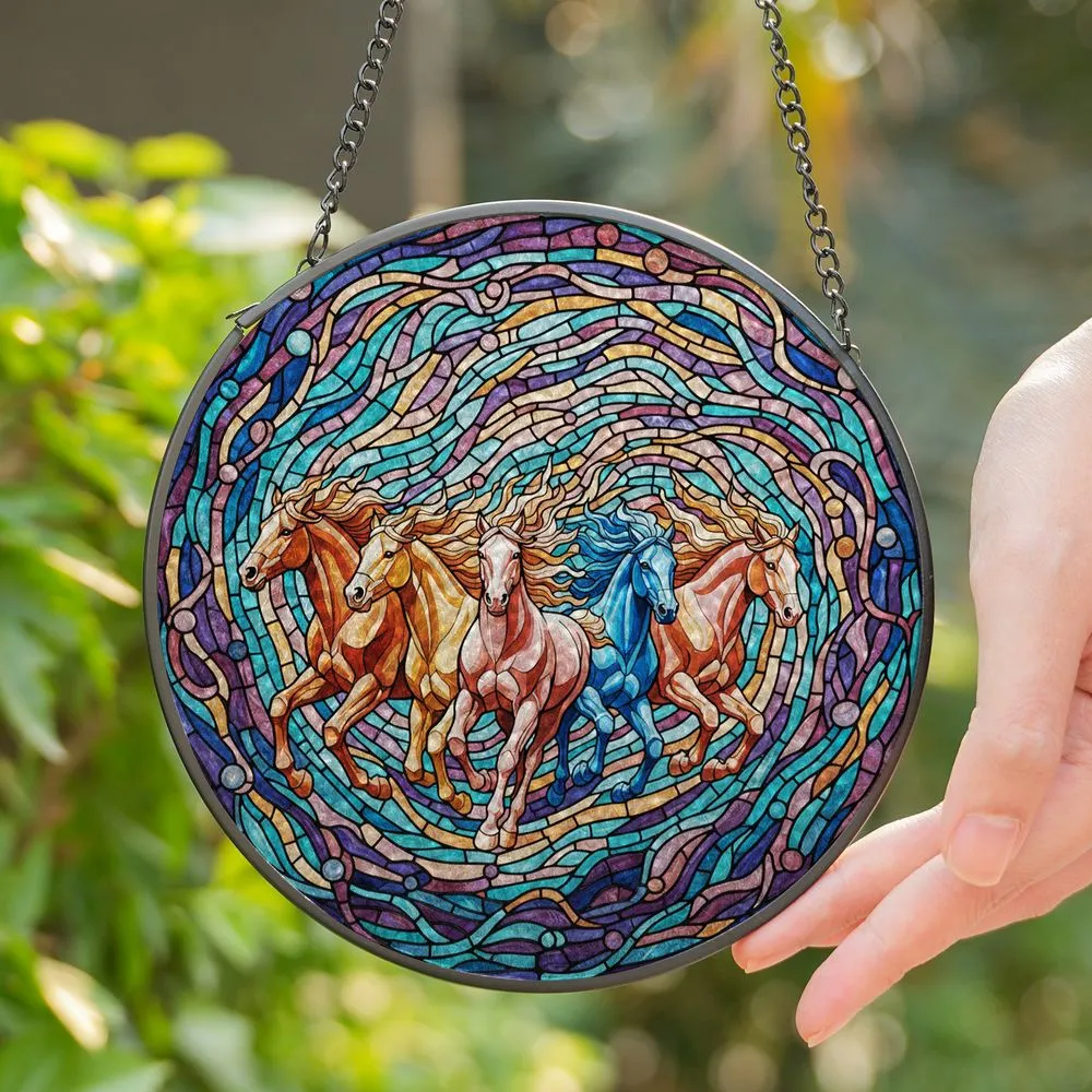 Galloping Horses Stained Glass Mosaic Tiffany Style Art - Glowing Translucent Iridescent Stained Glass Suncatcher - 1