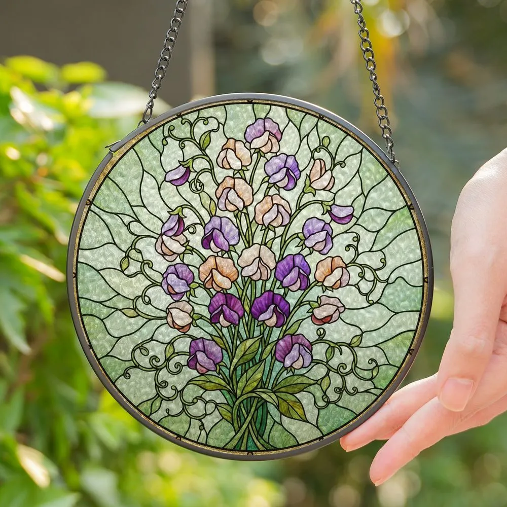 Sweet Pea Floral Stained Glass Art - Tiffany Style Gilded Border Home Decor Gift Stained Glass Suncatcher - 1