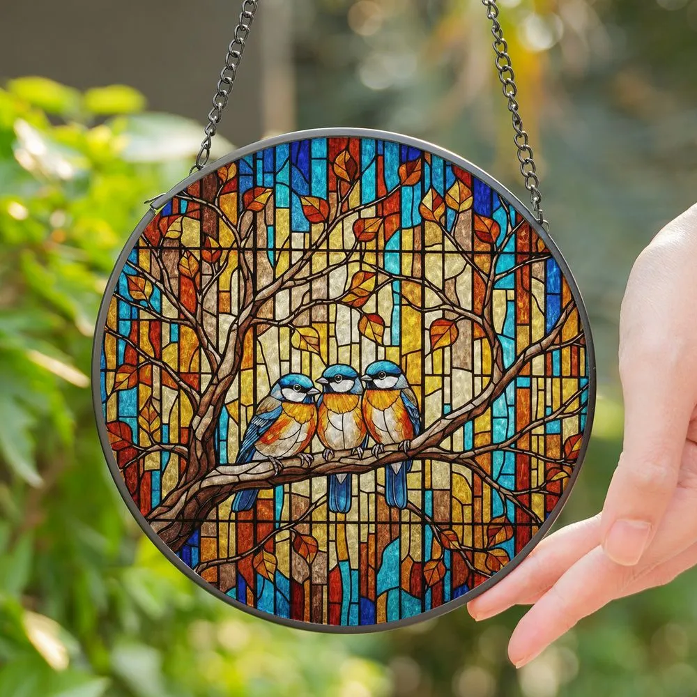 Three Blue Cap Birds Tiffany Stained Glass Mosaic Autumn Leaves Tree Branch Window Art Stained Glass Suncatcher - 1
