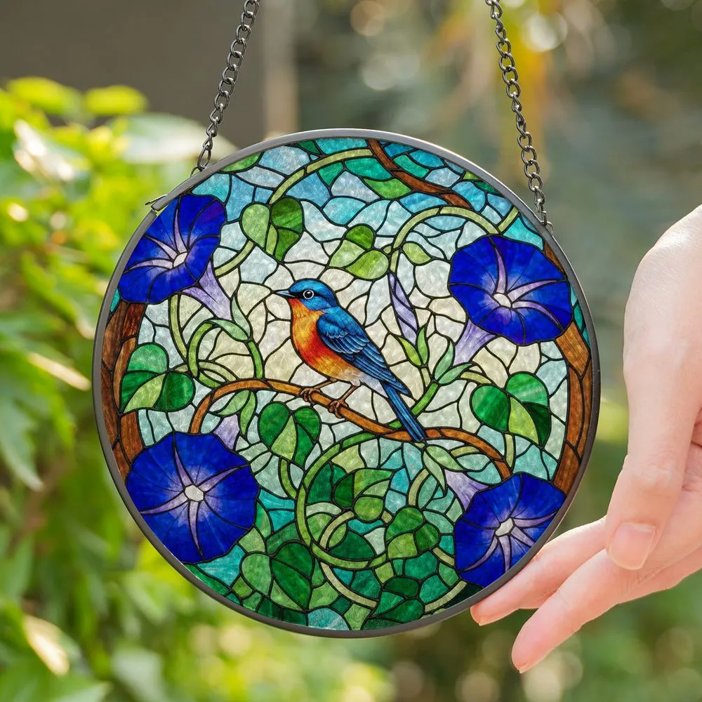 Vibrant Stained Glass Robin Bird Morning Glory Flowers - Jewel Tone Window Decor Stained Glass Suncatcher - 1