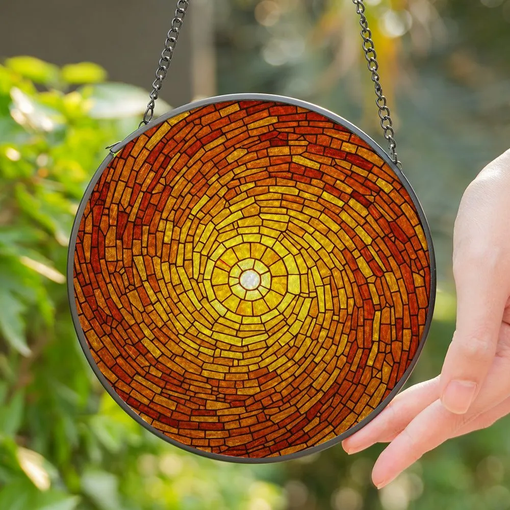 Tiffany Style Stained Glass Golden Sun Orb - Highly Detailed Amber Russet Mosaic Spiral Art Stained Glass Suncatcher - 1