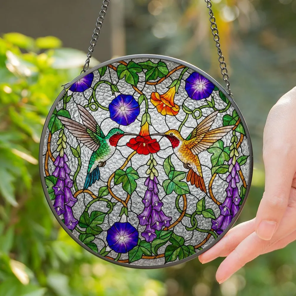 Hummingbird Trumpet Morning Glory Foxglove Flower Garden High Contrast Mosaic Stained Glass Suncatcher - 1
