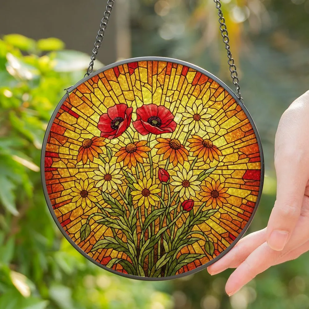 Autumnal Stained Glass Flower Bouquet Art - Tiffany Style Jewel Tone Floral Decor Stained Glass Suncatcher - 1