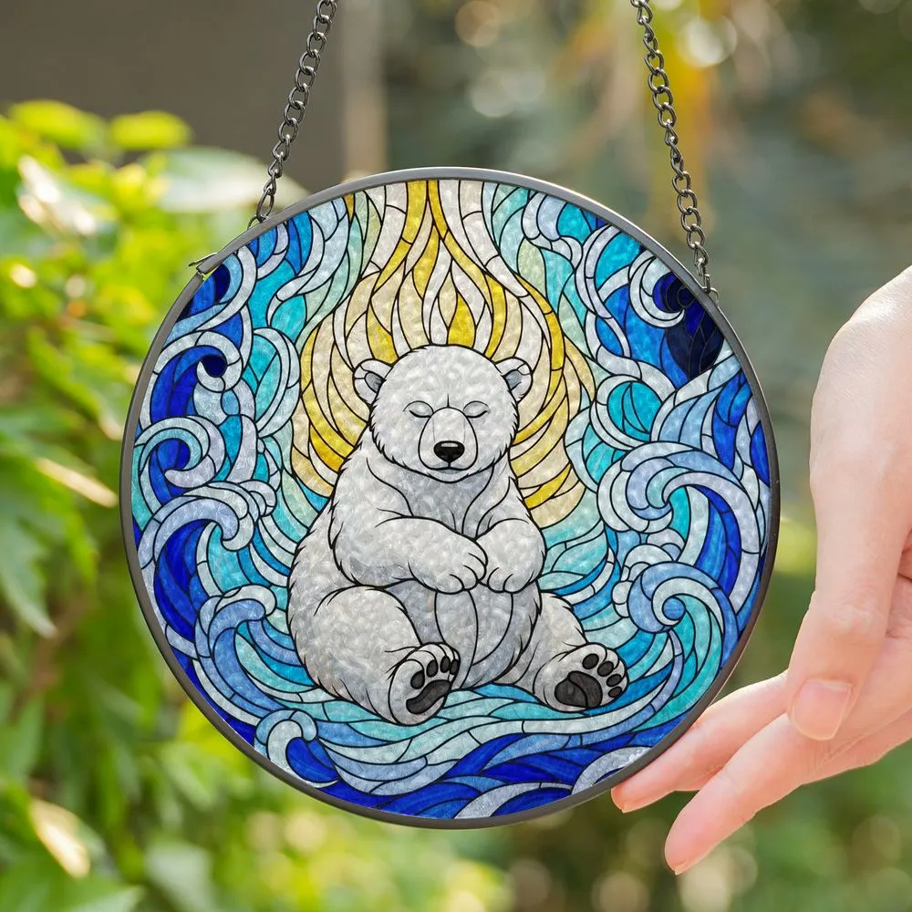 Stained Glass Baby Polar Bear - Tiffany Ice Water Aurora Swirls Window Decor Gift Stained Glass Suncatcher - 1