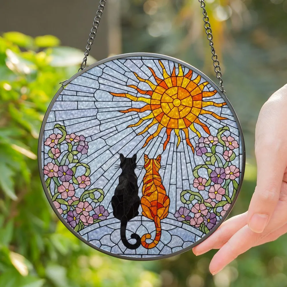 Black Ginger Cats Sun Pink Purple Flowers Tiffany Stained Glass Jewel Tone Art Stained Glass Suncatcher - 1