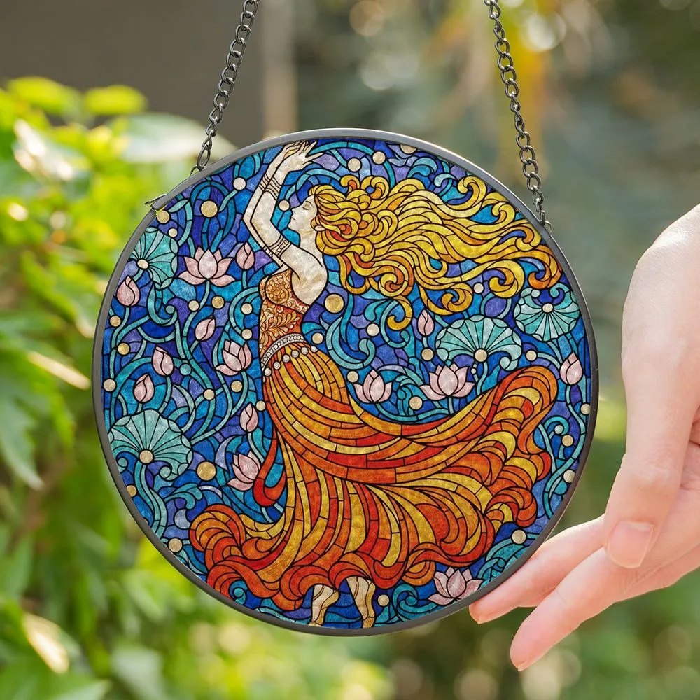 Ornate Woman Dancer Stained Glass Art - Flowing Hair, Skirt, Floral & Tiffany Mosaic Stained Glass Suncatcher - 1