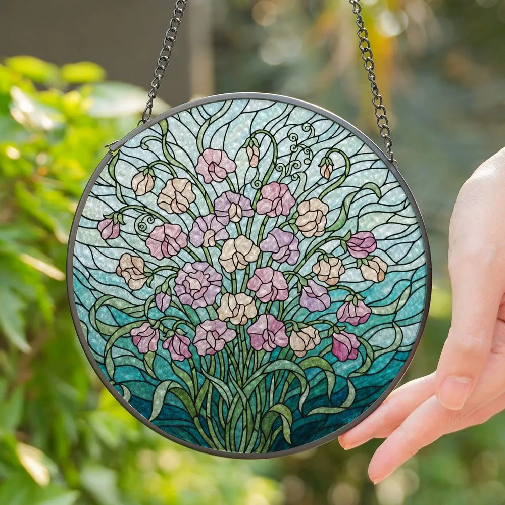 Detailed Lush Delicate Sweet Pea Iris Flower Bouquet - Tiffany Style Jewel Tone Sky Mosaic Stained Glass Suncatcher - 1