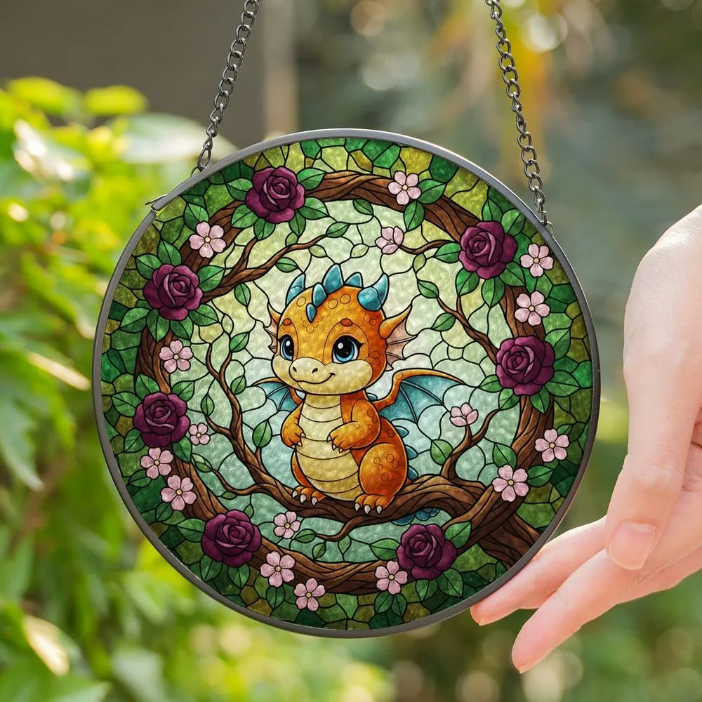 Baby Dragon Tiffany Stained Glass with Gnarled Branch, Roses & Verdant Forest Art Stained Glass Suncatcher - 1