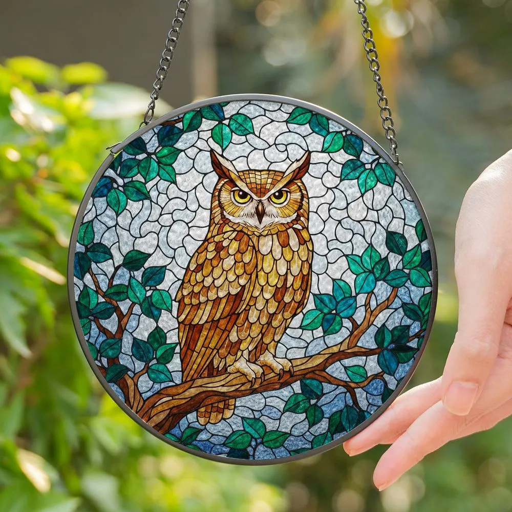 Majestic Owl Golden Eyes Tree Branch Leaves Stained Glass Tiffany Mosaic Sky Art Stained Glass Suncatcher - 1