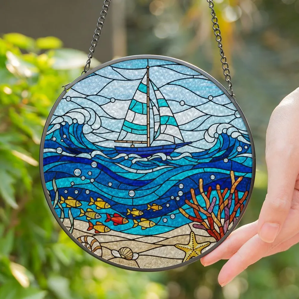 Blue Sailboat Ocean Waves Colorful Fish Shells Coral Faceted Jewels Bubbles Stained Glass Suncatcher - 1