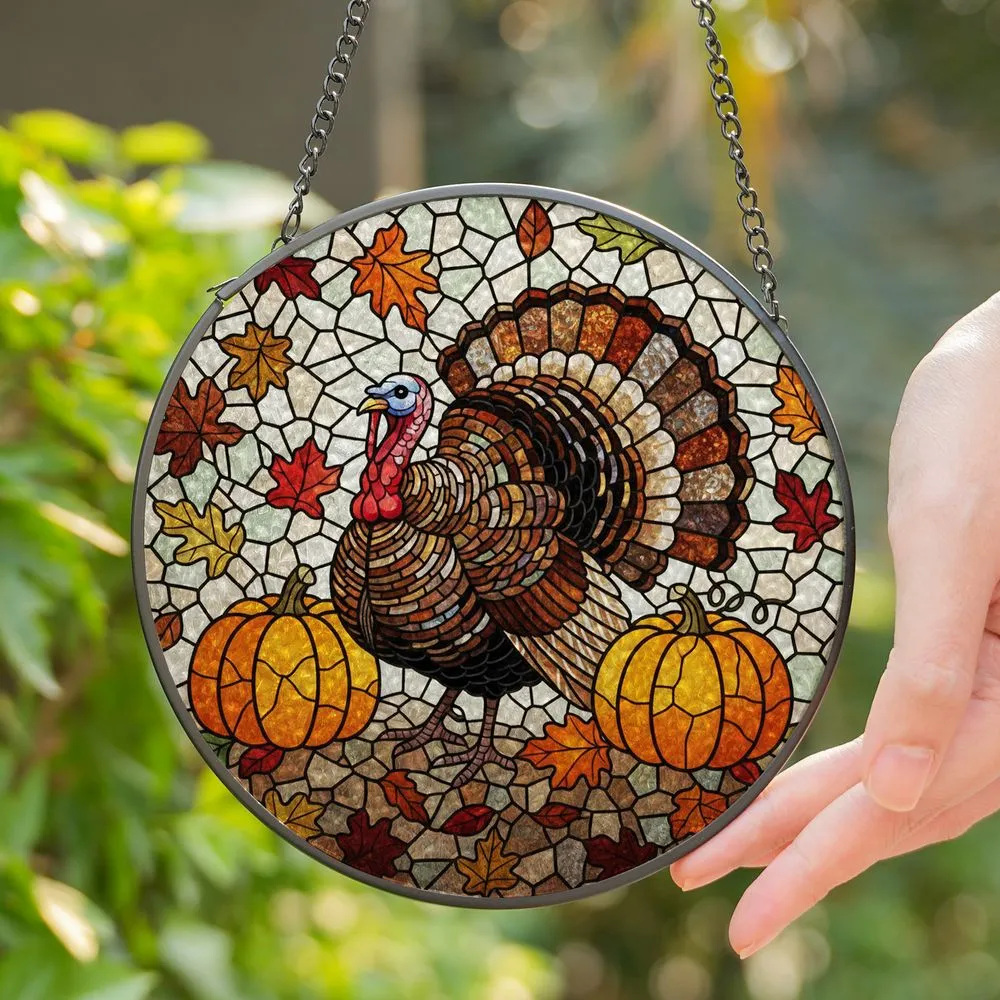 Stained Glass Turkey Autumn Leaves Pumpkin Tiffany Art - Thanksgiving Fall Decor Stained Glass Suncatcher - 1