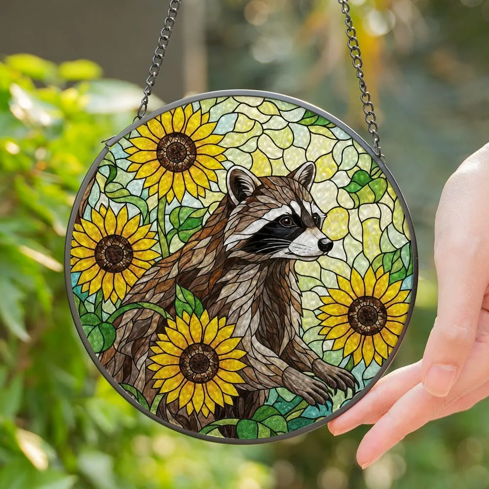 Raccoon Sunflower Stained Glass Art - Tiffany Style Jewel Tone Natural Mosaic Design Stained Glass Suncatcher - 1