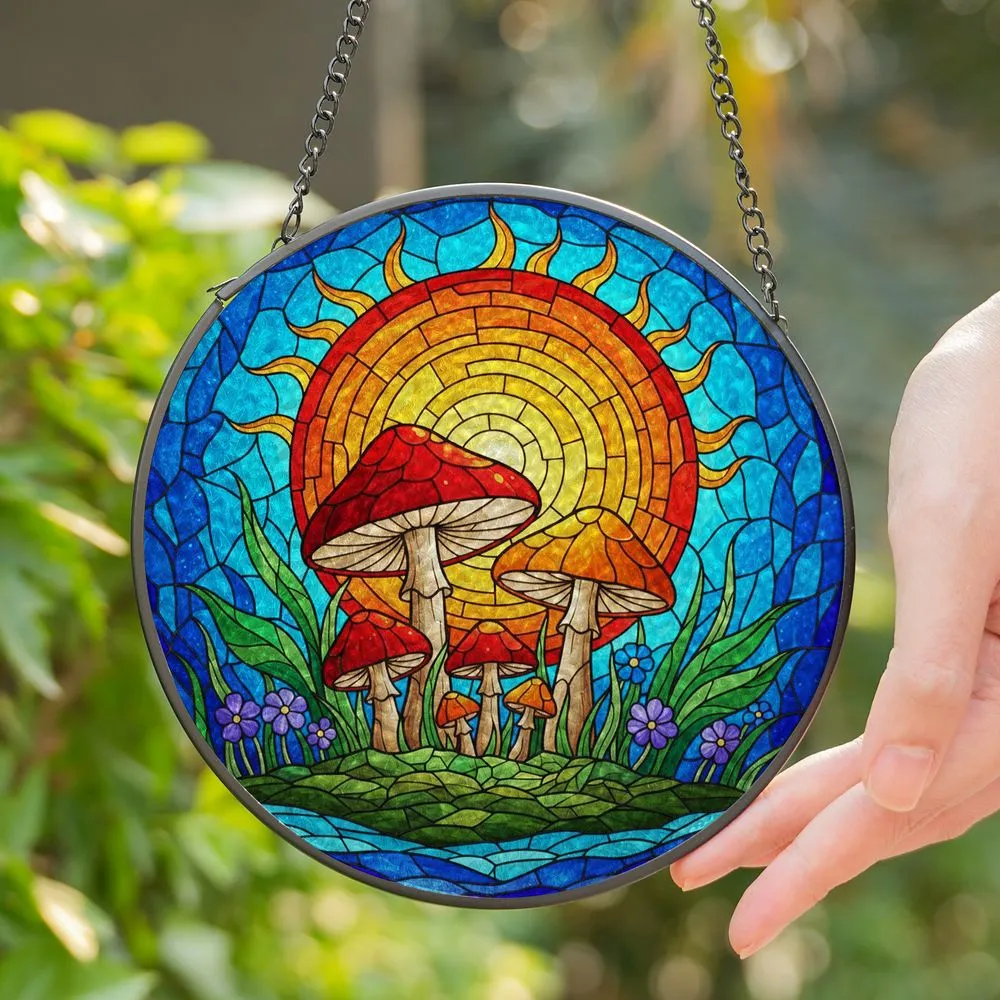 Mushroom Wildflower Sun Mosaic Tiffany Style Art - Stained Glass Jewel Tone Decor Stained Glass Suncatcher - 1