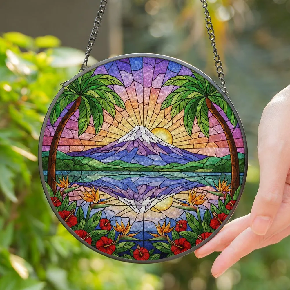 Snow-Capped Mountain Lake Reflection, Tropical Trees Flowers Sunset Sky, Stained Glass Art Stained Glass Suncatcher - 1