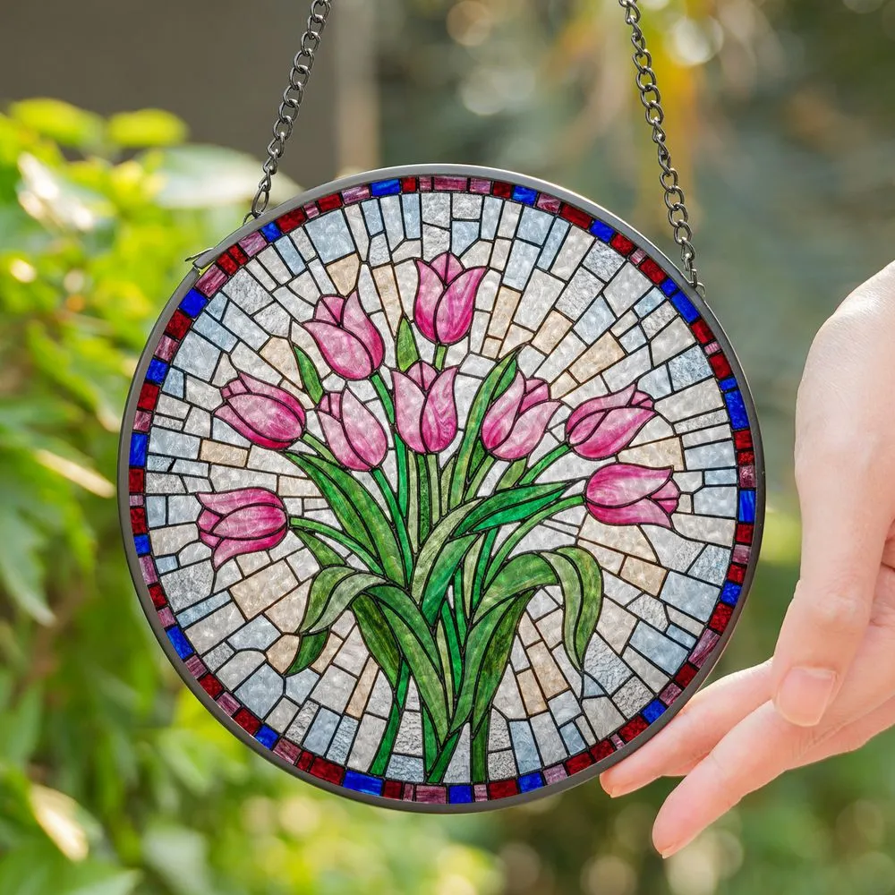 Pink Tulips Stained Glass Mosaic Tiffany Style - Lush Green Leaves Colorful Jewel Tones Stained Glass Suncatcher - 1