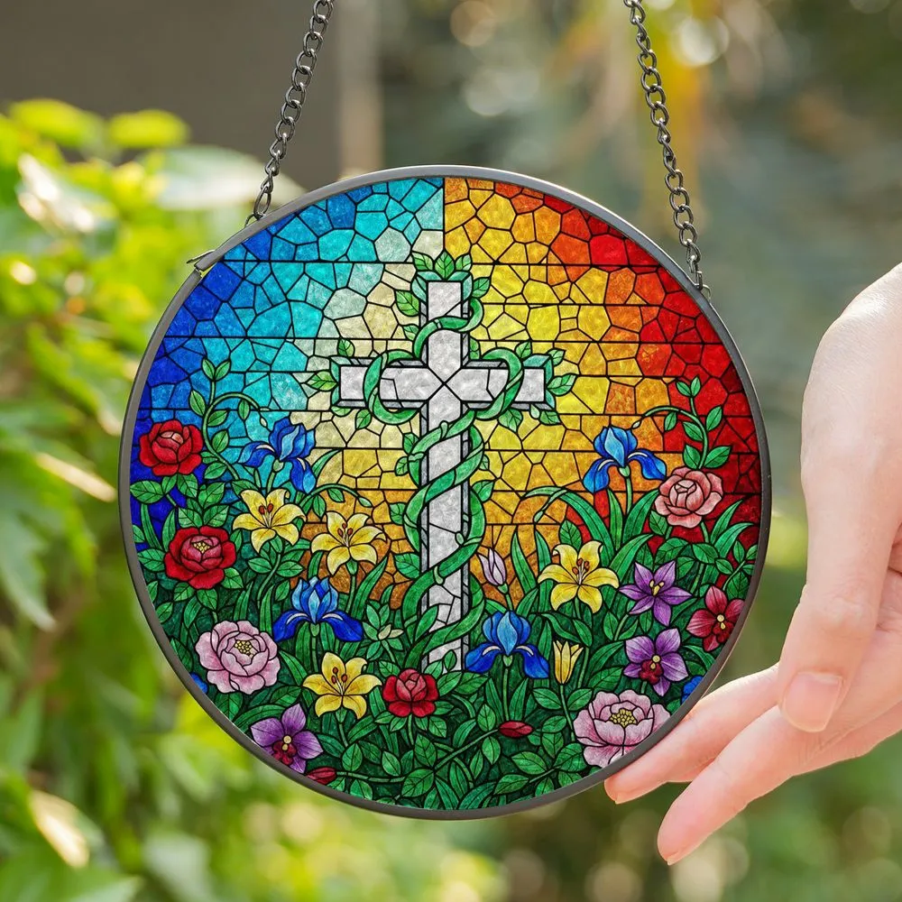Highly Detailed Christian Cross Stained Glass Flowers Vines - Jewel Tone Sunset Sky Garden Art Stained Glass Suncatcher - 1