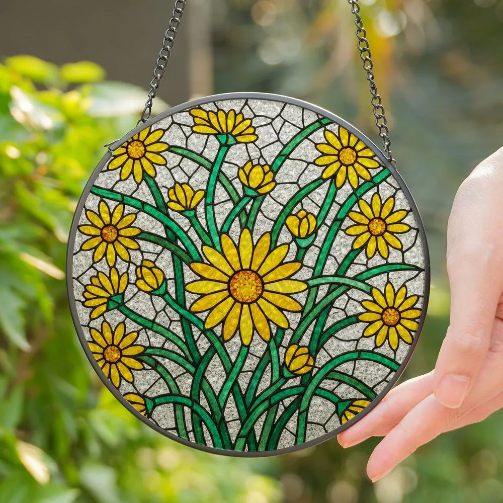 Highly Detailed Bright Yellow Daisy Stained Glass Mosaic Art - Glowing Home Decor Gift Stained Glass Suncatcher - 1