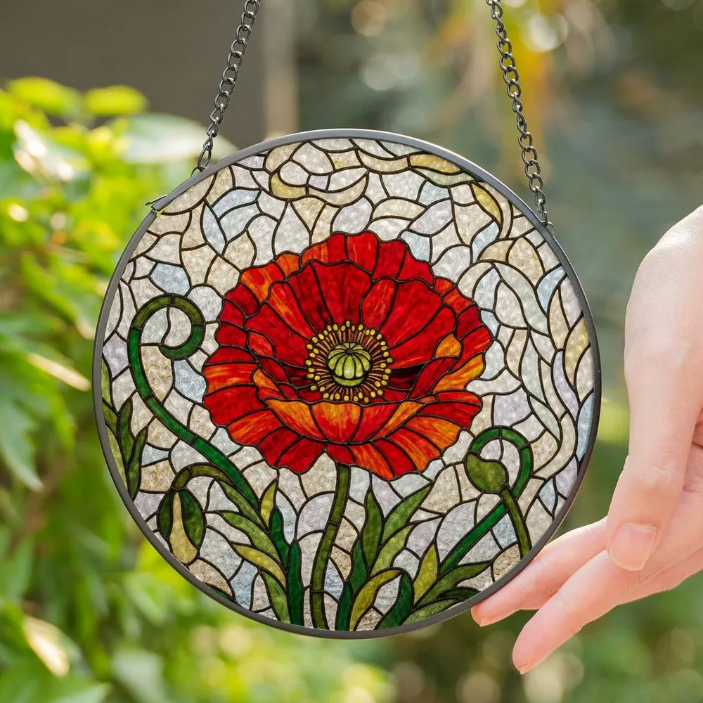Red Poppy Stained Glass Art, Tiffany Style Floral Mosaic Window Decor Stained Glass Suncatcher - 1