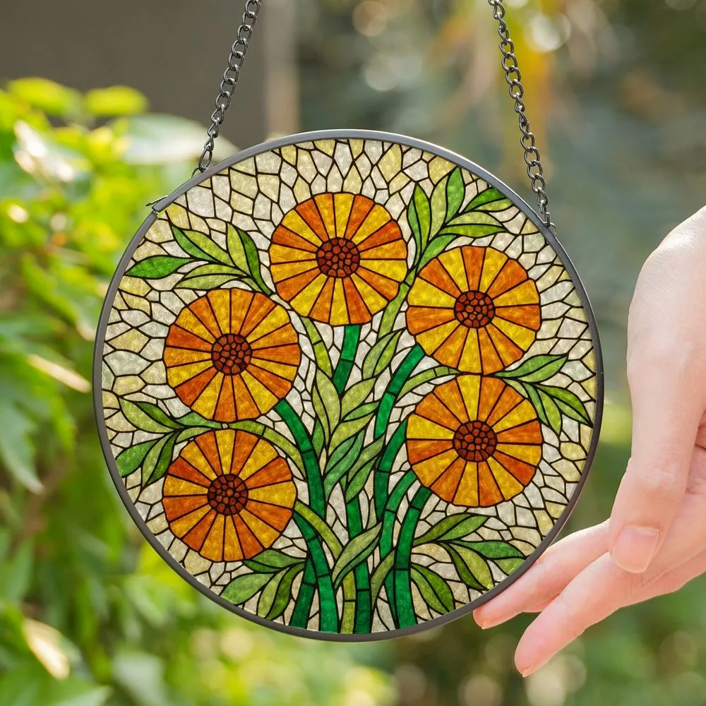 Orange Yellow Marigold Flowers Stained Glass - Tiffany Style Green Floral Mosaic Art Stained Glass Suncatcher - 1