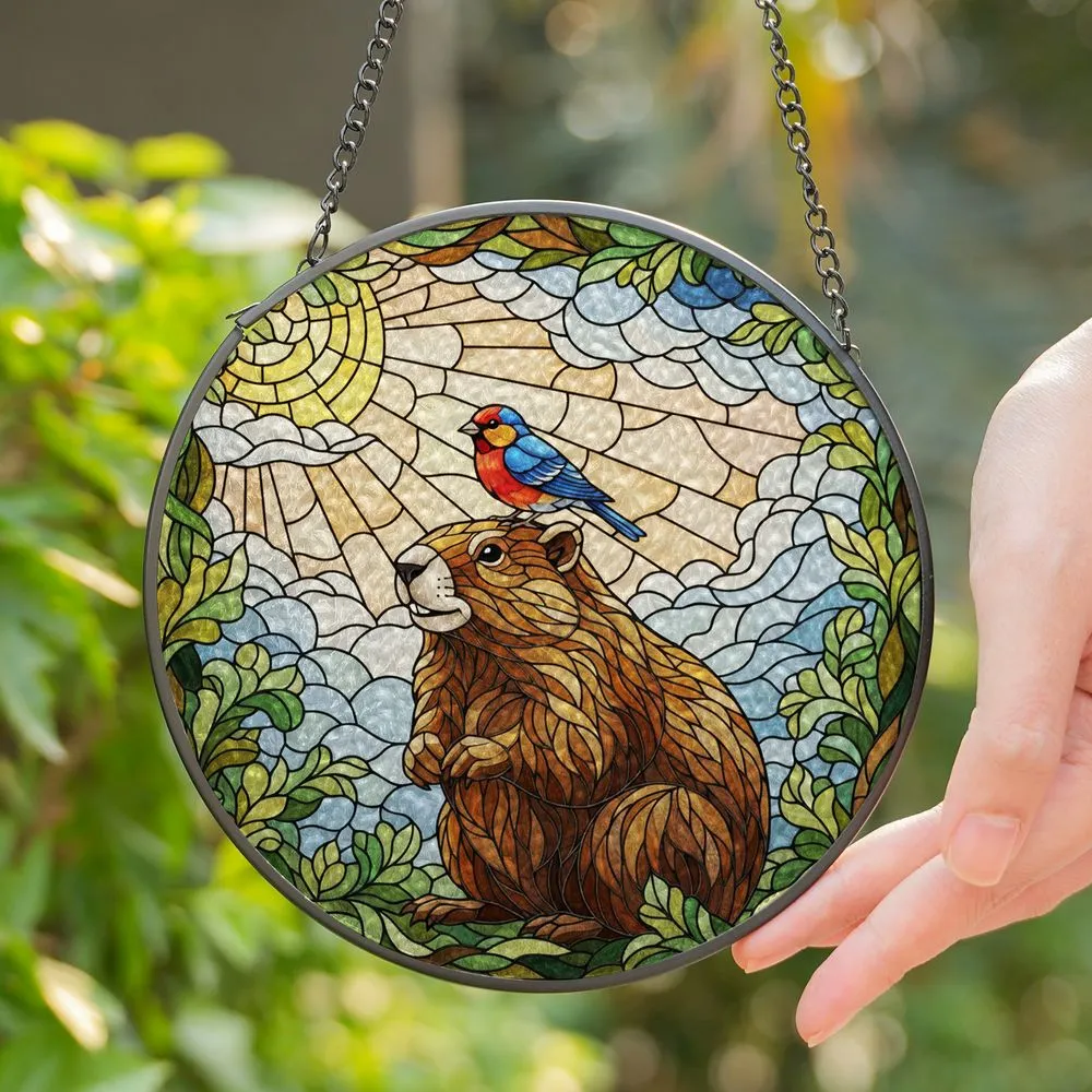 Friendly Marmot Finch Bird Tiffany Stained Glass Art - Dappled Sunlight Nature Decor Stained Glass Suncatcher - 1