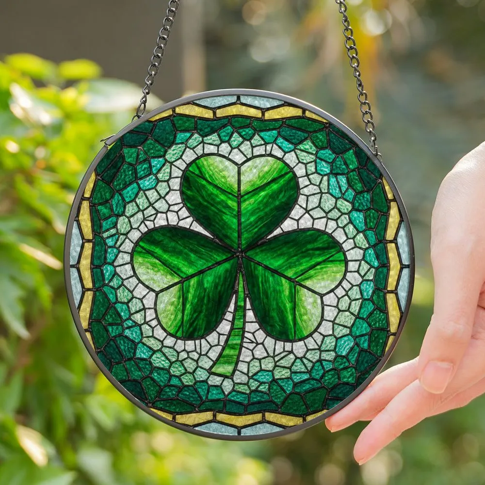 Tiffany Style Stained Glass Shamrock Heart Leaves Mosaic Tessellated Green Pattern Stained Glass Suncatcher - 1