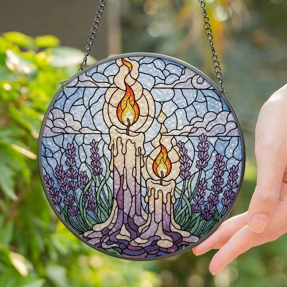 Stained Glass Candles Lavender Plants Sky Mosaic - Intricate Translucent Jewel Tone Art Stained Glass Suncatcher - 1