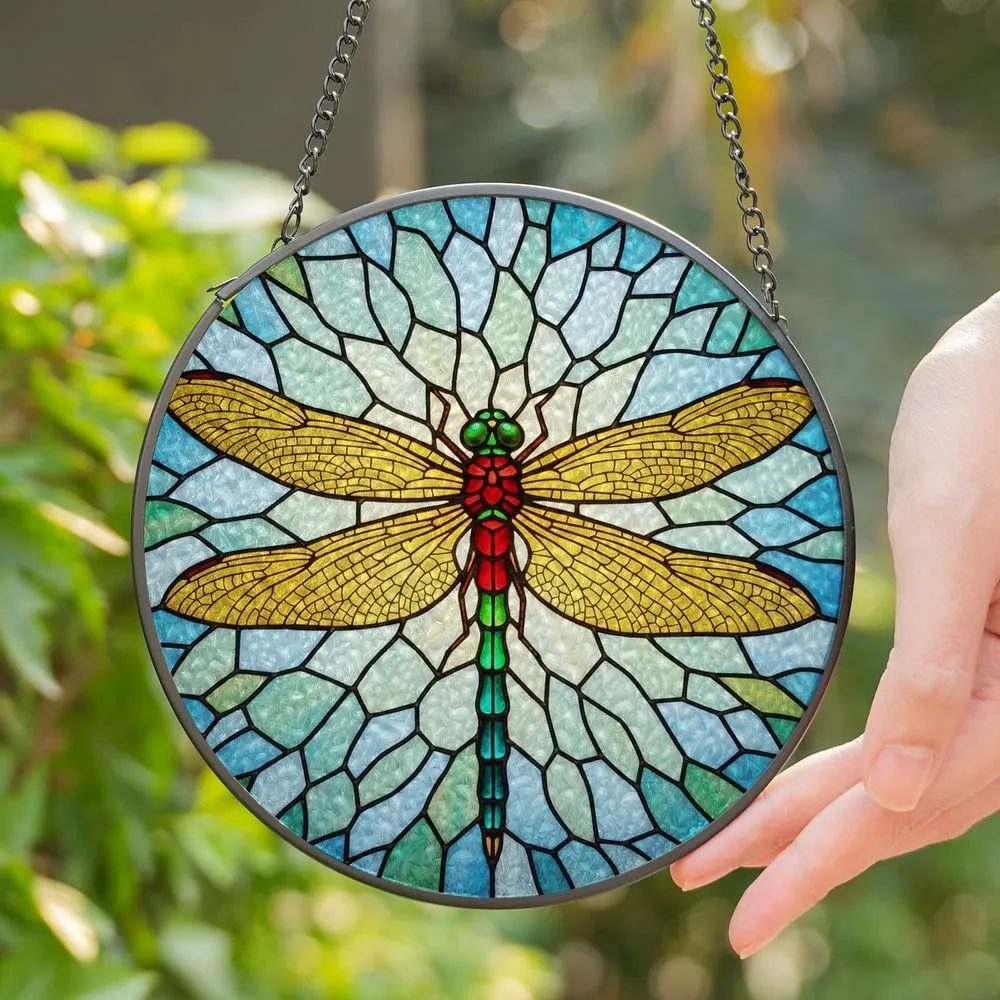 Intricate Dragonfly Stained Glass Art - Golden Yellow Wings & Jewel Tone Tiffany Mosaic Stained Glass Suncatcher - 1