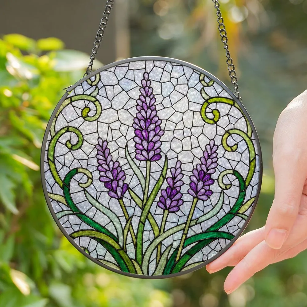Lavender Flower Green Leaf Stained Glass Mosaic - Tiffany Style Floral Home Decor Gift Stained Glass Suncatcher - 1