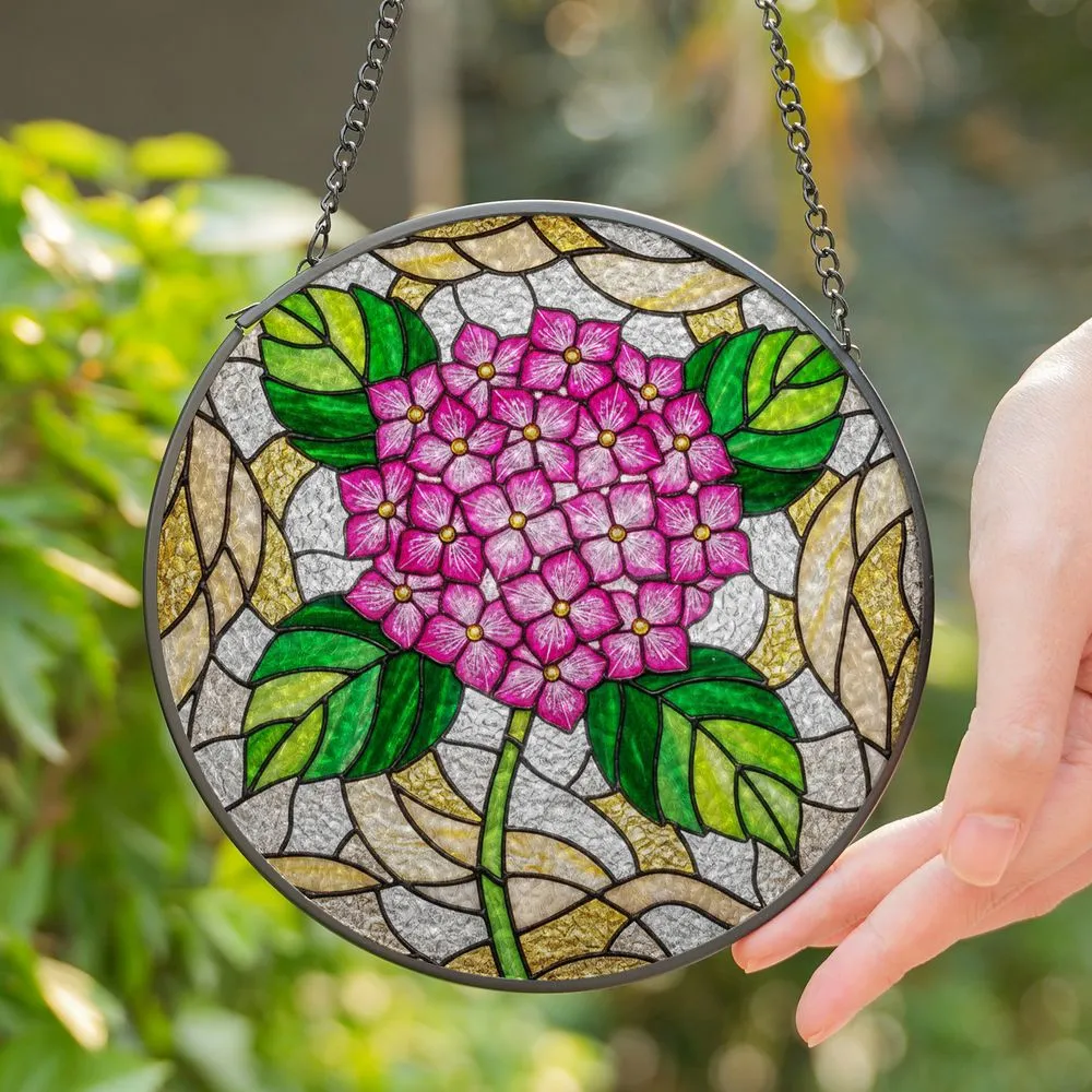 Fuchsia Pink Hydrangea Stained Glass Mosaic Tiffany Style Jewel Tones Emerald Green Golden Yellow Stained Glass Suncatcher - 1