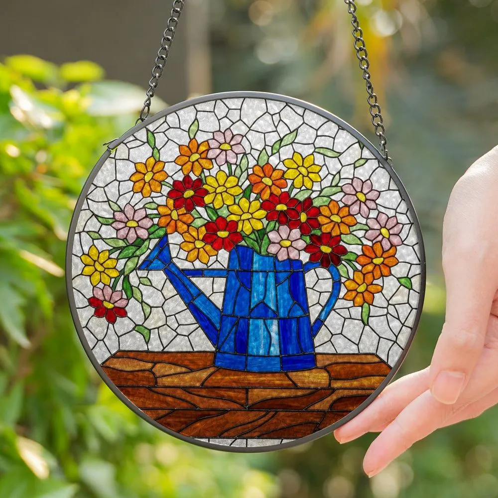 Stained Glass Watering Can Daisy Flowers Tiffany Style Mosaic Art Window Panel Gift Stained Glass Suncatcher - 1