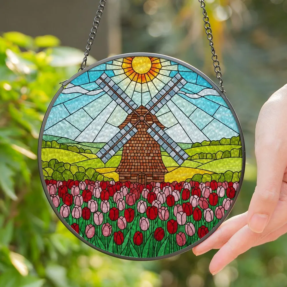 Windmill Tulips Sunburst Stained Glass Art - Tiffany Style Window Home Decor Gift Stained Glass Suncatcher - 1
