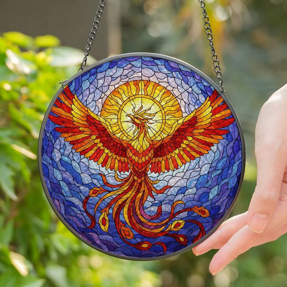 Phoenix Sun Stained Glass Tiffany Style - Fiery Feathers Swirling Cloud Mosaic Stained Glass Suncatcher - 1