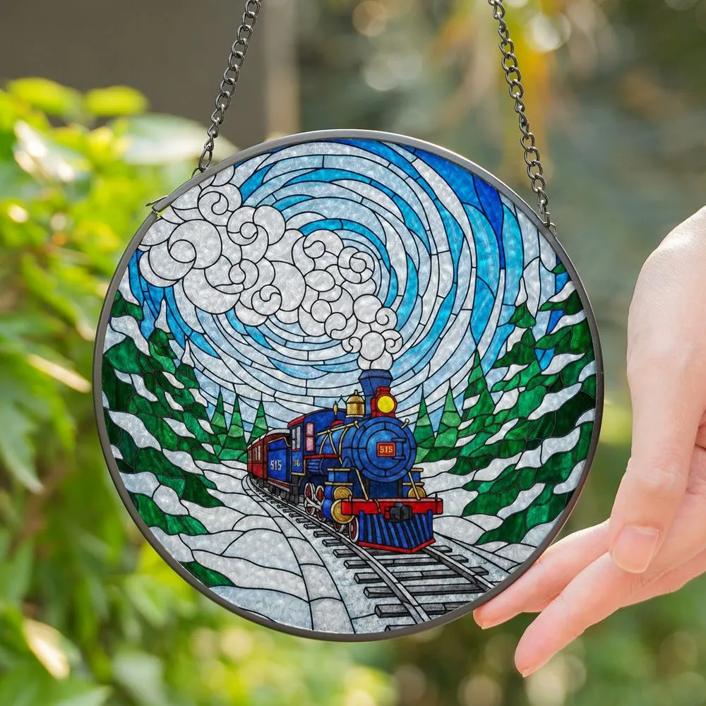 Steam Locomotive Train Stained Glass - Snowy Railway Evergreen Forest Tiffany Art Decor Stained Glass Suncatcher - 1
