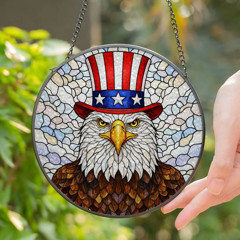 Bald Eagle Uncle Sam Hat Stained Glass Mosaic - Patriotic American Flag Independence Day Stained Glass Suncatcher - 1