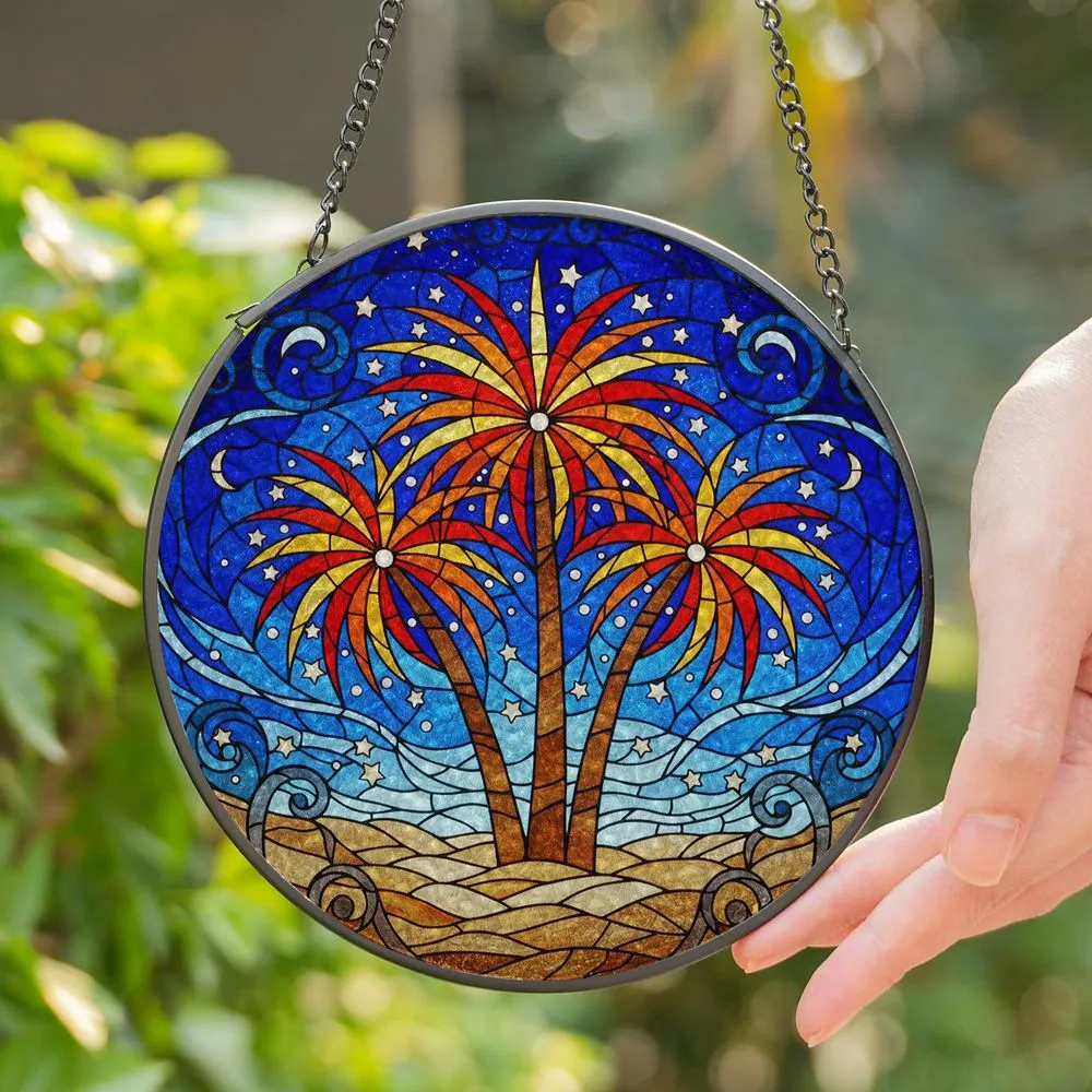 Stylized Abstract Palm Trees Sunburst Fronds Tiffany Stained Glass Night Sky Mosaic Stained Glass Suncatcher - 1