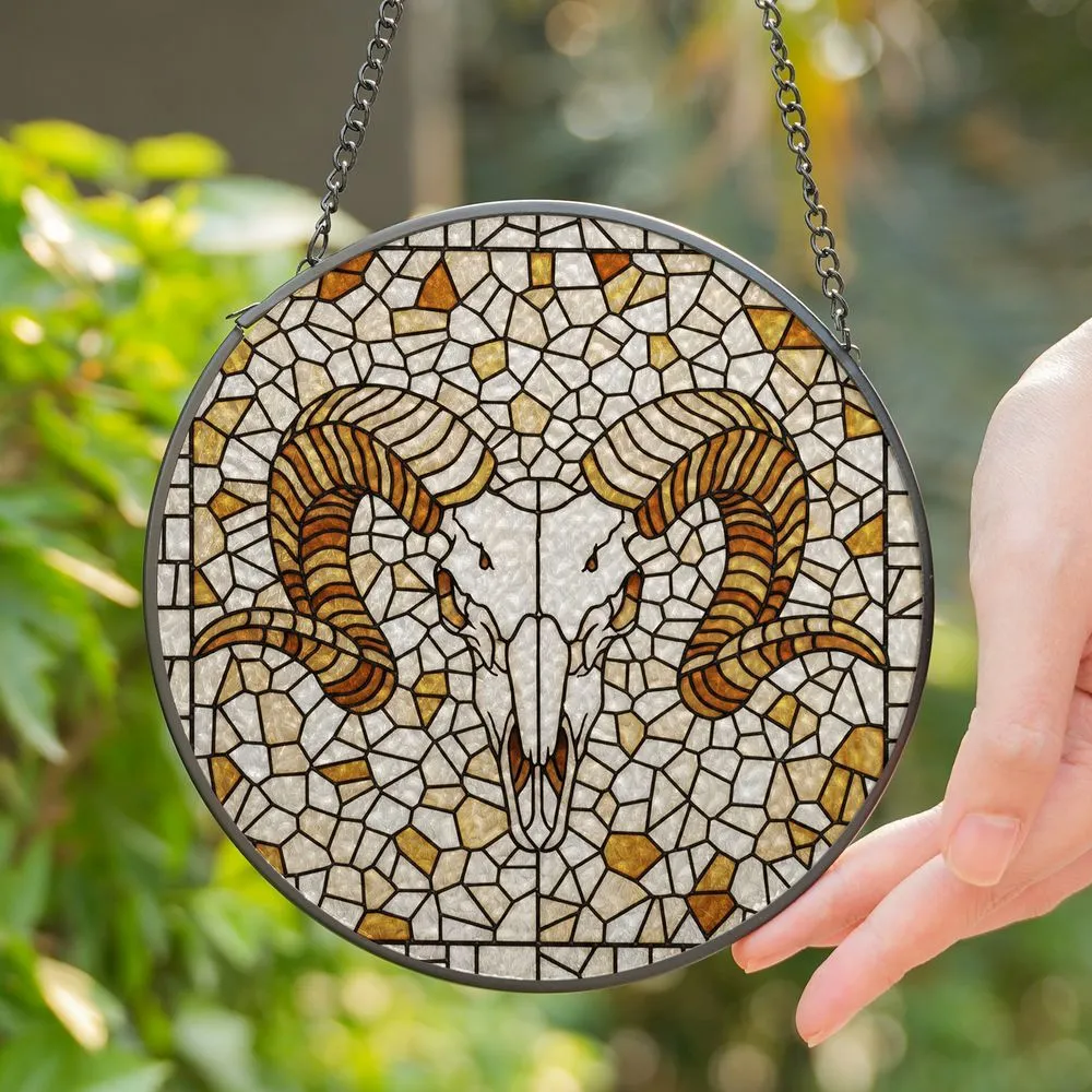 Detailed Ram Skull Stained Glass Art Mosaic - Tiffany Style Jewel Tone Intricate Pattern Stained Glass Suncatcher - 1