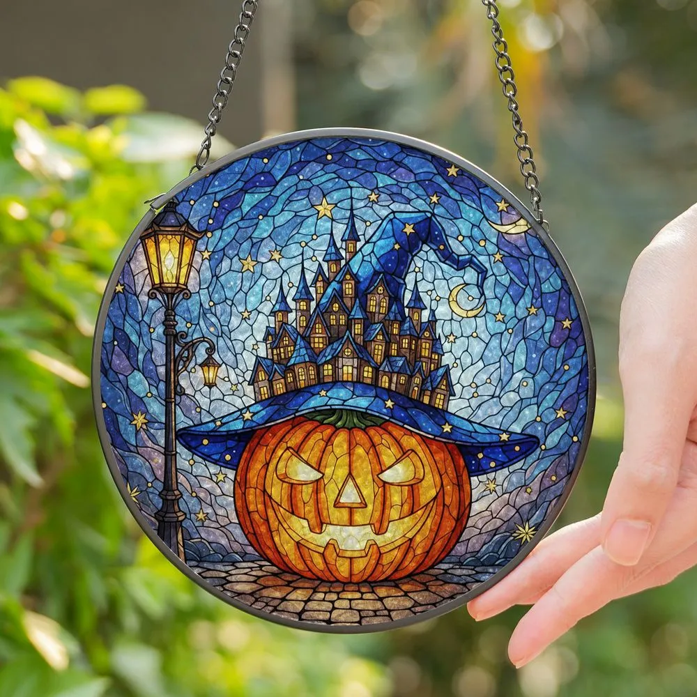 Stained Glass Jack-o'-Lantern Village Witch Hat - Glowing Twilight Sky Halloween Art Stained Glass Suncatcher - 1