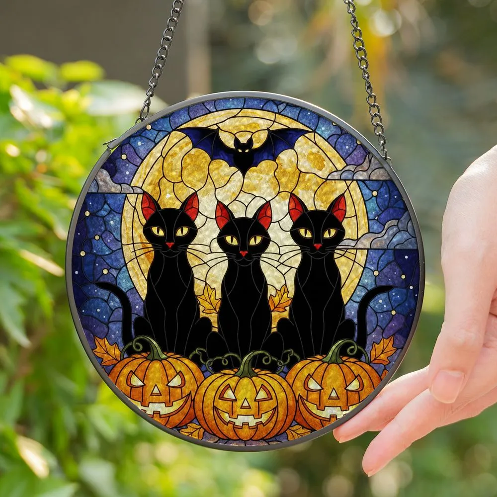 Black Cats Jack-o'-Lanterns Full Moon Autumn Bat - Halloween Celebration Home Decor Stained Glass Suncatcher - 1