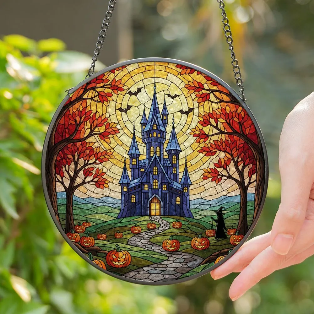 Haunted Castle Jack-O-Lanterns Witch Moon Bats - Tiffany Style Halloween Twilight Decor Stained Glass Suncatcher - 1