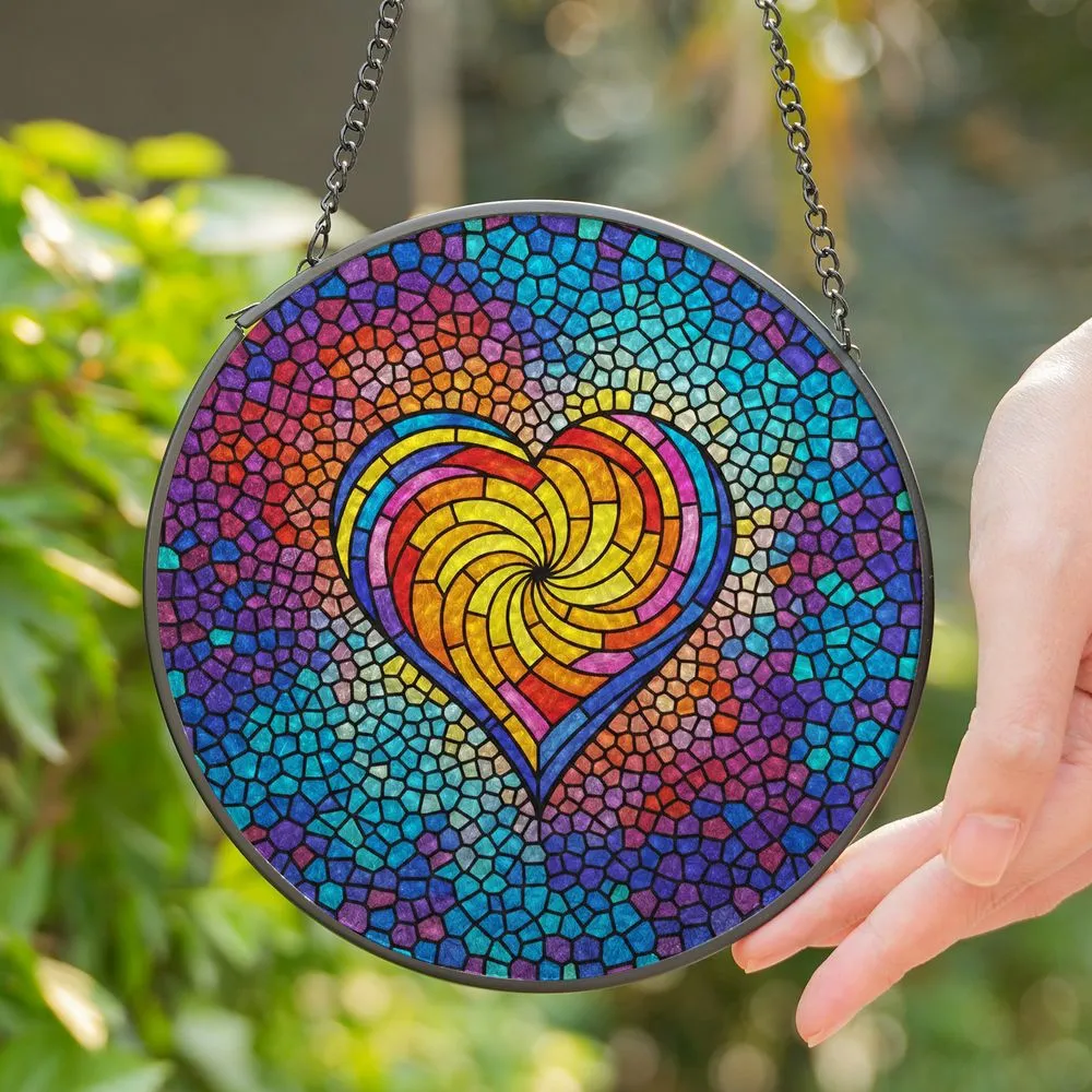 Highly Detailed Multi-Colored Stained Glass Heart Spiral Tiffany Style Geometric Mosaic Art Stained Glass Suncatcher - 1