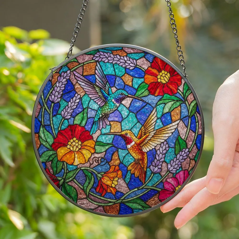 Iridescent Hummingbirds Tiffany Stained Glass Floral Mosaic Art - Colorful Intricate Design Stained Glass Suncatcher - 1
