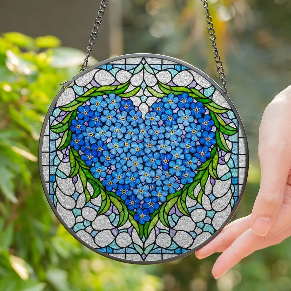 Blue Forget-Me-Not Heart Stained Glass Mosaic - Nature Lover Spring Home Decor Gift for Her Stained Glass Suncatcher - 1