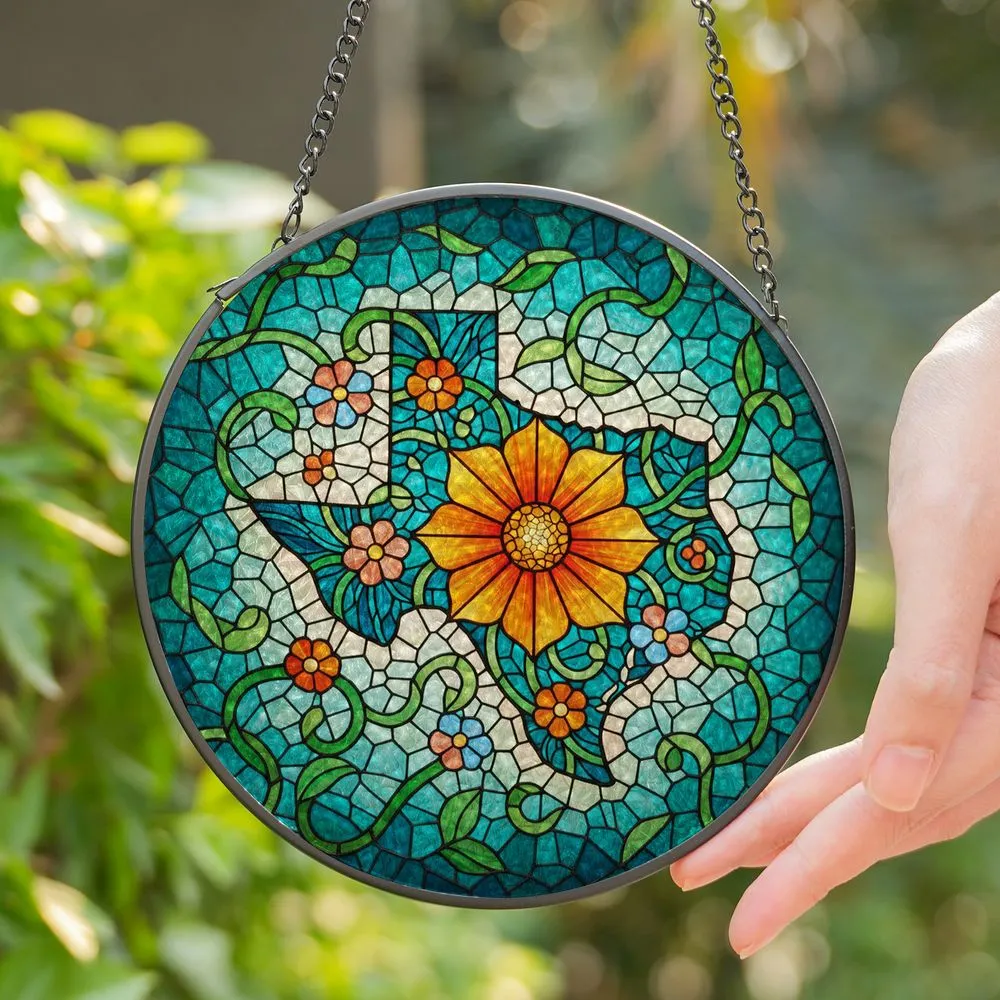 Texas State Outline Flower Intricate Stained Glass Mosaic - Vibrant Floral Home Decor Gift Stained Glass Suncatcher - 1