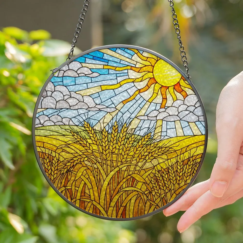 Golden Wheat Field Sun Rural Landscape Tiffany Stained Glass Colorful Detailed Mosaic Blue Sky Stained Glass Suncatcher - 1
