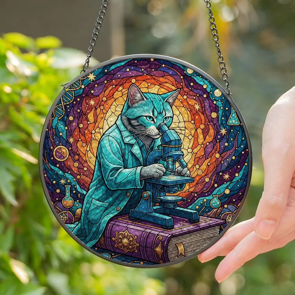 Cat Scientist Microscope Stained Glass Art - Nebula Celestial Purple Book Science Theme Stained Glass Suncatcher - 1