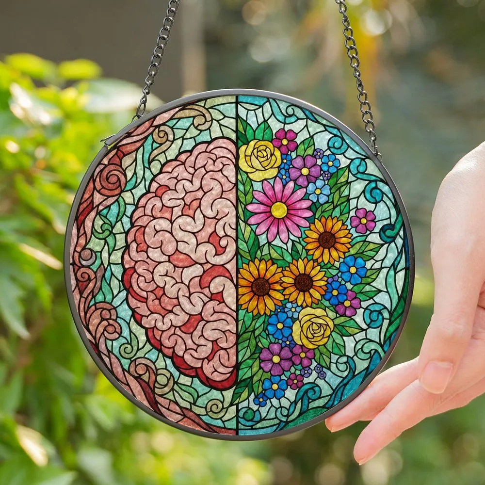Human Brain Stained Glass: Anatomical Left & Floral Right with Jewel Tone Flowers Stained Glass Suncatcher - 1