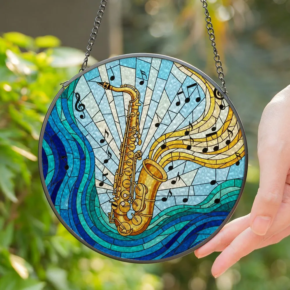 Golden Saxophone Musical Notes Stained Glass Art - Intricate Jazz Music Lover Gift Stained Glass Suncatcher - 1