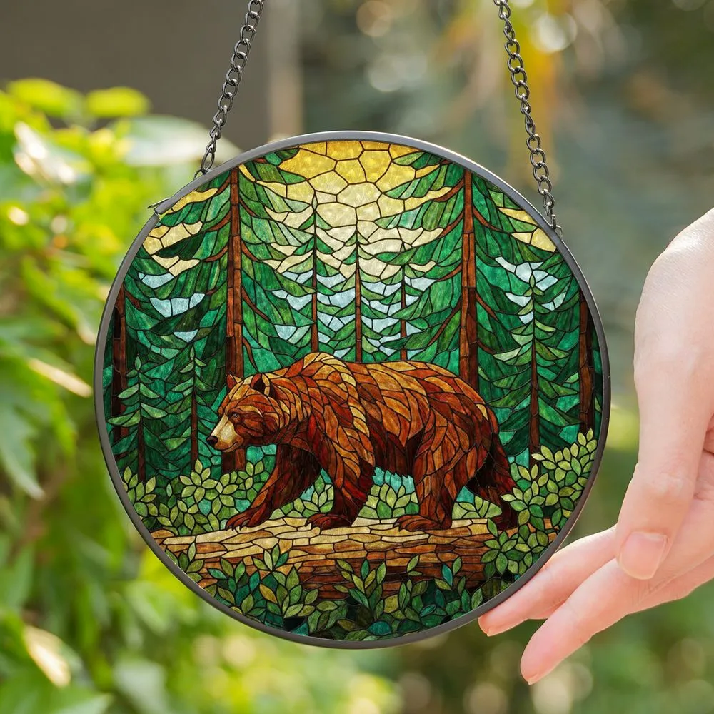 Majestic Brown Bear Forest Stained Glass - Tiffany Style Nature Wildlife Art Stained Glass Suncatcher - 1