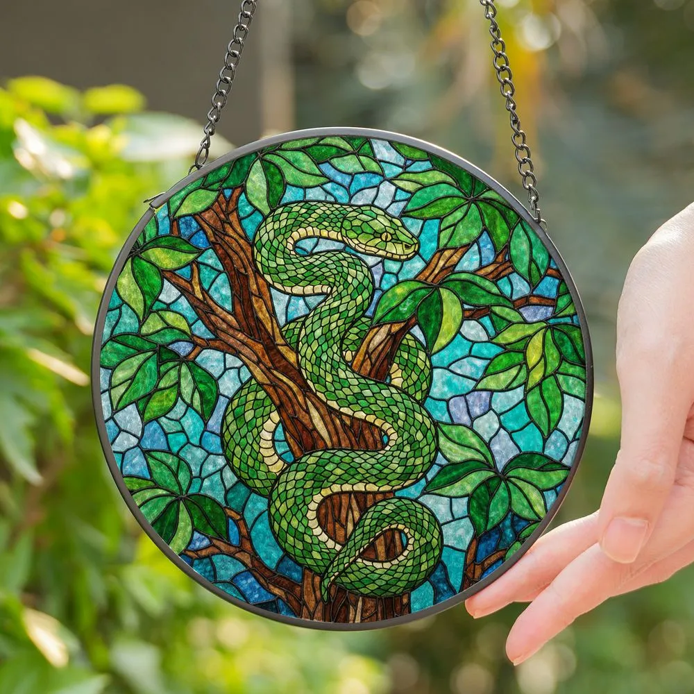 Green Snake Tree Coiled Leaves Tiffany Glass Style Art Window Decor Gift Stained Glass Suncatcher - 1