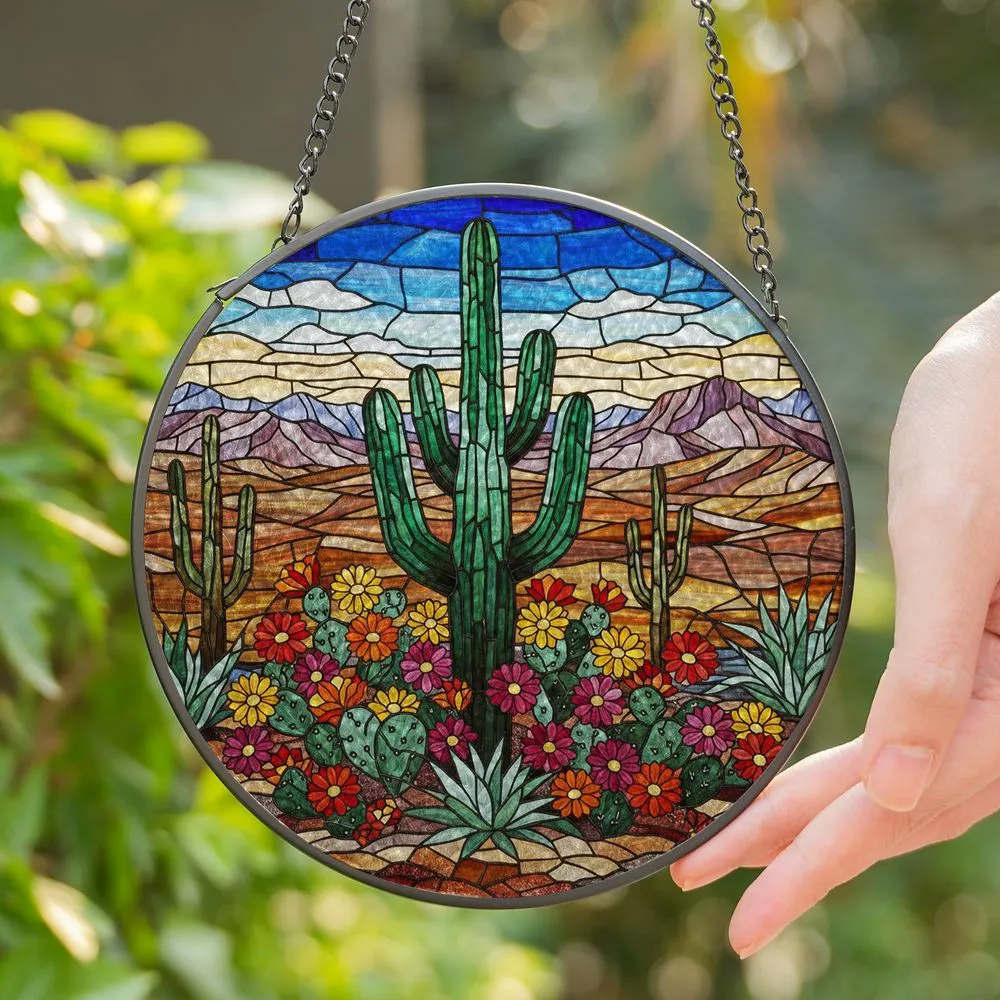 Saguaro Cactus Desert Landscape Tiffany Stained Glass Art - Jewel Tone Floral Cactus Stained Glass Suncatcher - 1